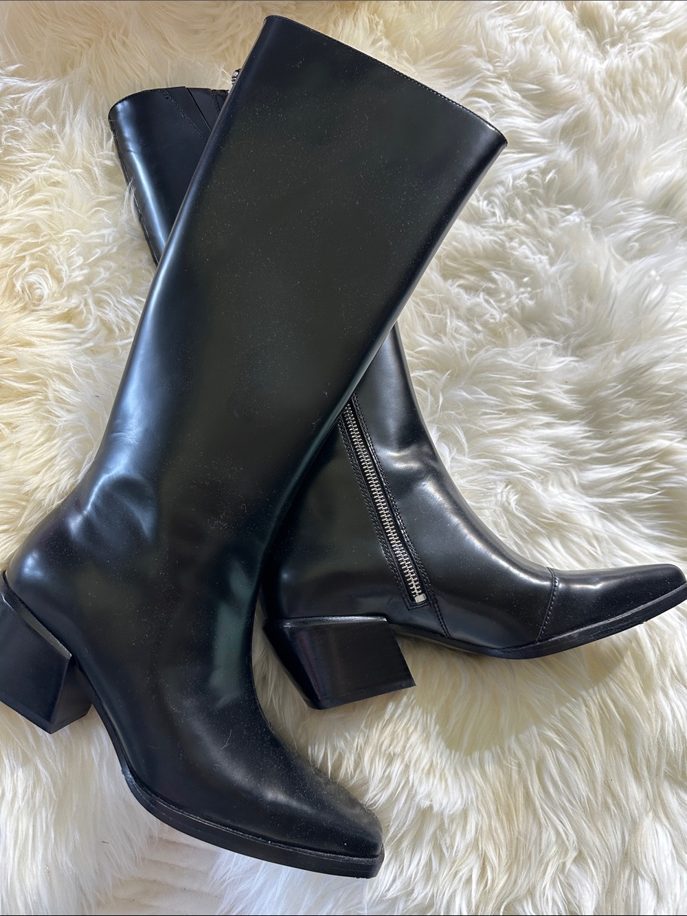 rag & bone Black Leather Mid-Calf Heeled Boots with Side Zip